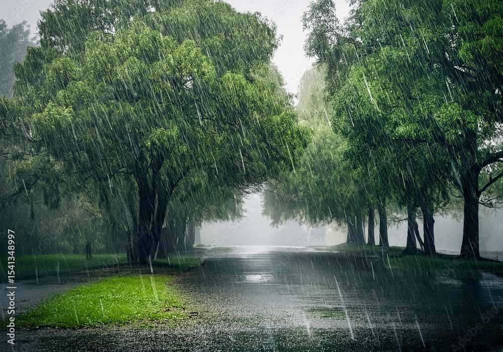 Obraz premium 雨と樹木