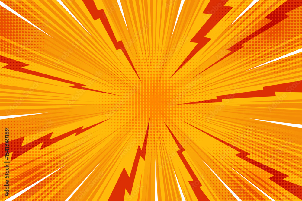 Comic pop art background with sunburst and lightnings. Vector radial pattern of abstract thunders and rays. Manga superhero poster with halftone effect.