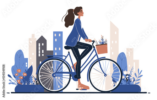 Cartoon Woman Riding Bicycle in Cityscape with Plants and Flowers
