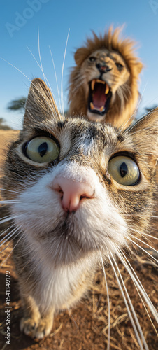 A close-up of a wildcat's face, with a blurry roaring lion in the background. Dramatic wildlife photography emphasizing perspective.