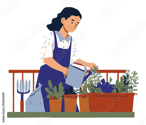 Woman Watering Plants in a Vegetable Garden on a Sunny Balcony
