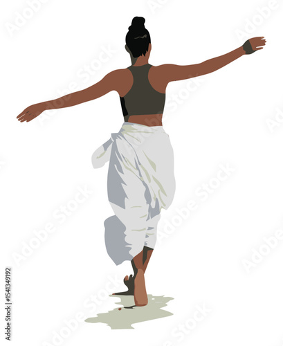 Cartoon Vector of Woman Walking on Beach with Flowing Clothing