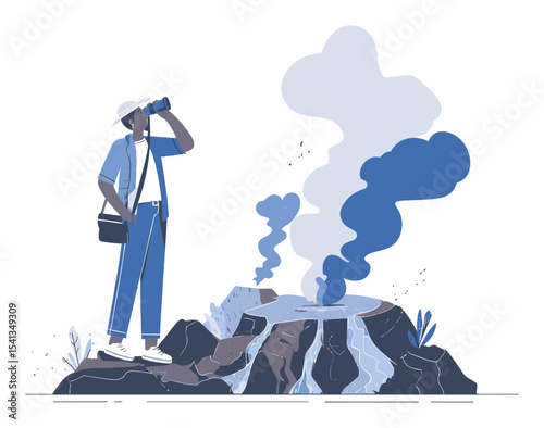 Explorer Observing Volcanic Eruption with Smoke in Cartoon Vector Style