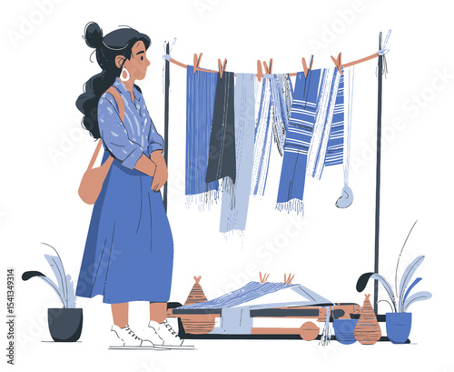 Young Woman Shopping in a Market with Colorful Clothes and Decorations