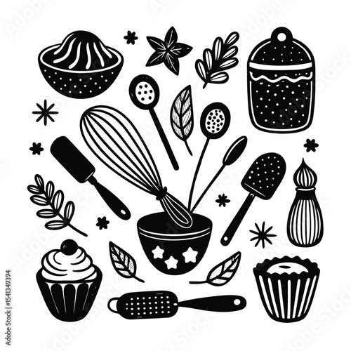 Black and white baking utensils doodles with cupcakes and leafs vector illustration