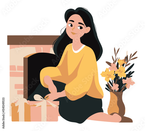 Cheerful Woman Unwrapping Gift Near Cozy Fireplace with Flowers