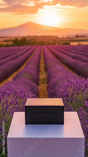 Elegant black box display set against a stunning lavender field backdrop at sunset, creating a visually appealing and serene composition.