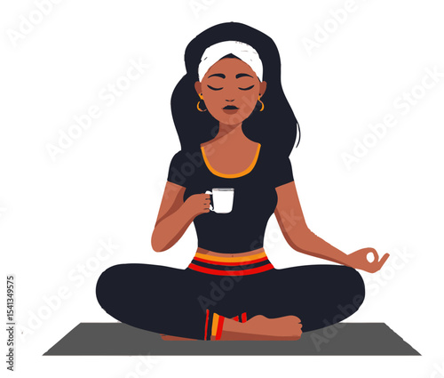 Cartoon Woman Meditating with a Cup in a Yoga Pose for Wellness Illustration