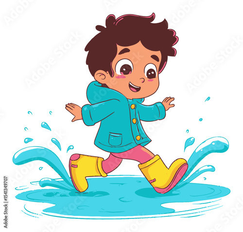 Happy Child Jumping in Water Puddle with Colorful Rain Boots and Smiling Expression