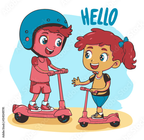 Colorful Vector Illustration of Two Kids Riding Scooters and Saying Hello