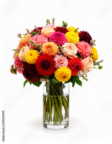 ramo de rosas, peonías y dalias de colores en vaso alto de cristal sobre fondo blanco