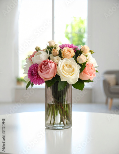 ramo de rosas, peonías y dalias en vaso alto de cristal sobre mesa en interior desenfocado