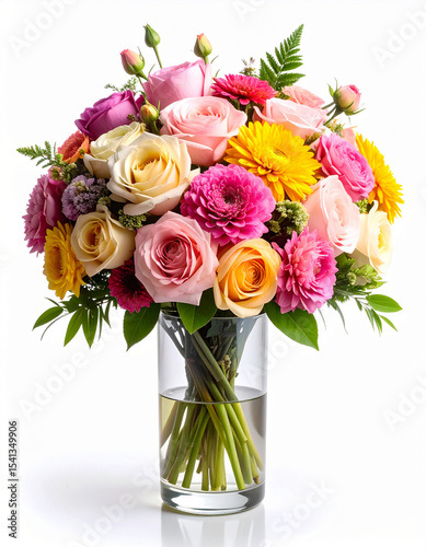 ramo de rosas, peonías y dalias en vaso alto de cristal sobre fondo blanco