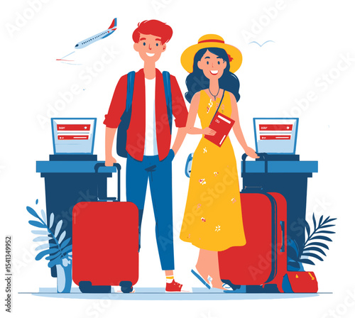 Happy Young Travelers with Luggage at Airport Check-In Counters