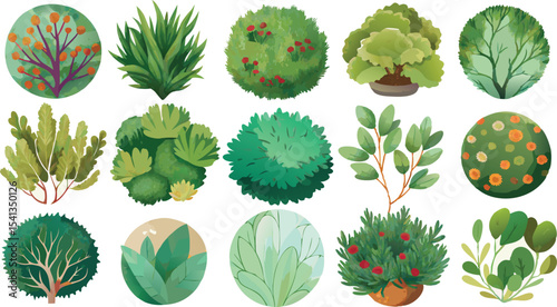 Vector art of a vibrant collection of lush green bushes and flowering plants, isolated on transparent background