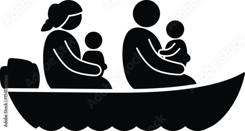 Refugee Family on Boat, Vector Illustration, Social Issues, Humanitarian Crisis, Calm Waters, Side View, Unity in Adversity