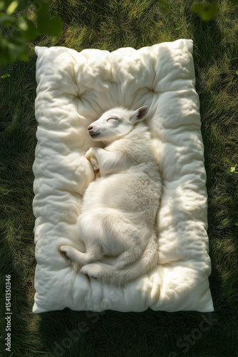 Peaceful slumber of a white puppy on a plush cushion, bathed in sunlight on a grassy lawn. Comfort & serenity captured.