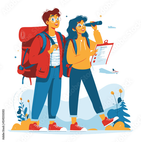 Young Adventurers with Backpack and Binoculars in Vector Style Illustration