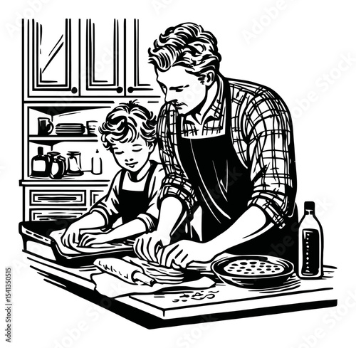 Abstract Drawing of Father and Son Cooking Together in Kitchen Setting