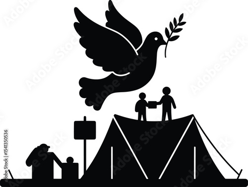 Refugee Assistance, Peaceful Meeting, Campground, Vector Illustration, Community Support, Hopeful Environment, Human Connection