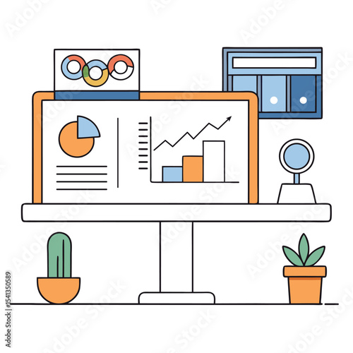 Desk with business charts diagrams and decorative plants illustration vector