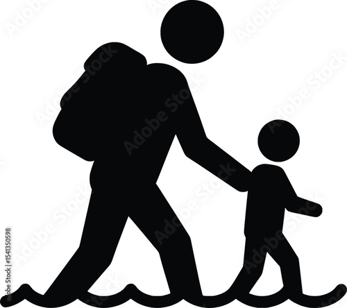 Refugee Family Navigates Flooded Path, Vector Illustration, Emotional Context, Visually Striking Design