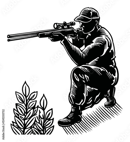 Abstract Drawing of a Hunter in Action with Rifle and Nature Elements