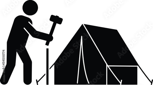 Vector Illustration of a Person Pitching a Tent in a Temporary Shelter Environment