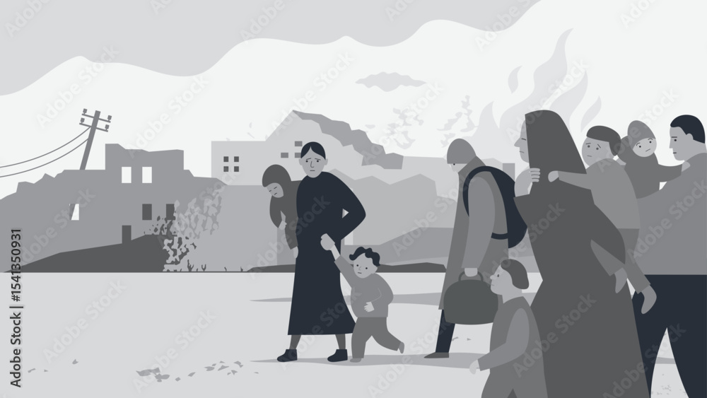 Fototapeta premium Black and white vector illustration on the theme of war, refugees, social problems in the world. Group of tired people walking on a road, on background ruined houses