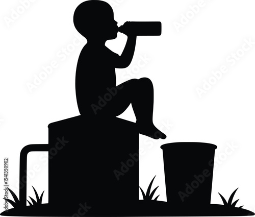 Refugee Child Drinking Water, Vector Illustration, Urban Environment, Silhouette Art, Social Awareness