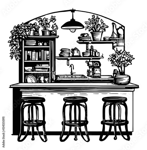 Hand-drawn Abstract Kitchen Illustration with Plants and Barstools