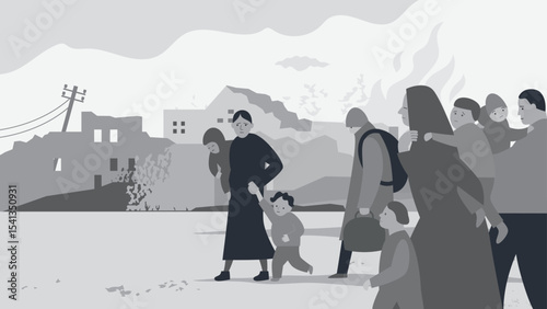 Black and white vector illustration on the theme of war, refugees, social problems in the world. Group of tired people walking on a road, on background ruined houses