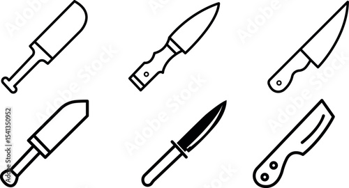 Black outline illustrations of six different knife designs, showcasing varying styles and purposes.