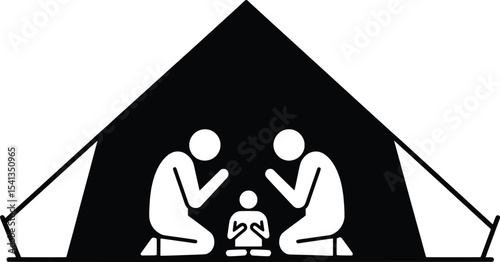 Humanitarian Action, Refugee Family, Makeshift Tent, Vector Illustration, Social Issues, Compassionate Environment, Hopeful Viewpoint