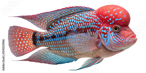 Vibrant red and blue flowerhorn cichlid fish