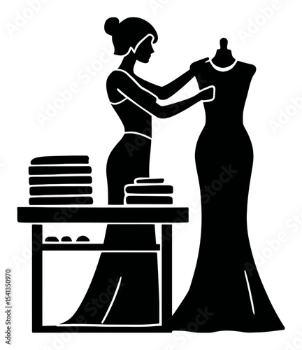 Elegant Fashion Designer Sketching a Dress on a Dress Form in Black and White