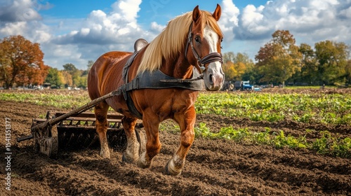 A powerful photorealistic image of a majestic Belgian Draft horse pulling a vintage plow through a fertile field, emphasizing its strength and historical role in agriculture Concept The strength of