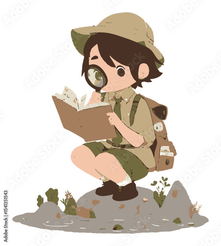 Curious Explorer with Magnifying Glass and Book in Nature Scene