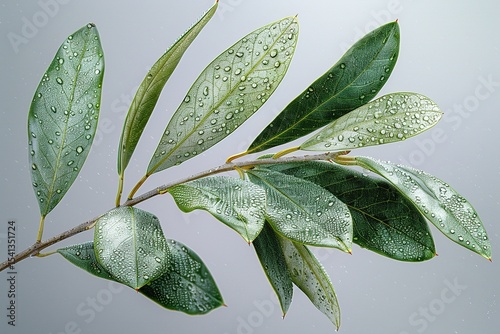 A branch of green olive leaves on light green background