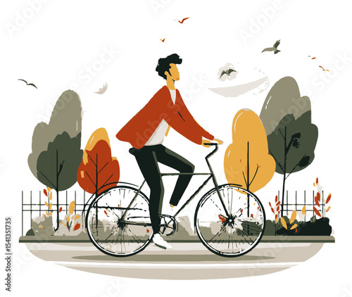 Man Riding Bicycle in Autumn Landscape with Trees and Birds in Vector Art
