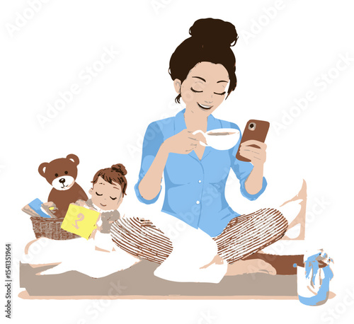 Cozy Cartoon Mom Enjoying Coffee While Watching Over Her Sleeping Child