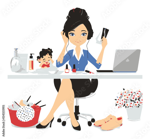 Busy Mom Balancing Work and Childcare with Style in Cute Cartoon Vector