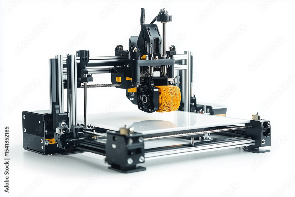 Fototapeta premium Industrial machinery, including a yellow forklift, a truck, and a toy tractor, operates on a conveyor belt with various equipment in a warehouse setting