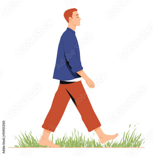 Young Man Walking Barefoot in Casual Clothes on Green Grass Background