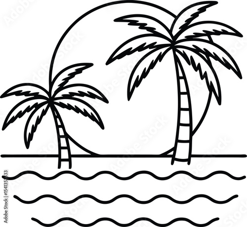 Simple black and white palm tree beach outline vector illustration design