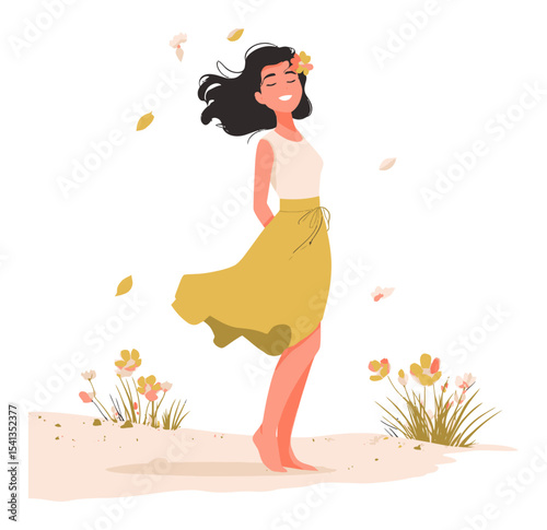 Joyful Woman in Flowing Skirt Dancing in Nature with Flowers and Leaves