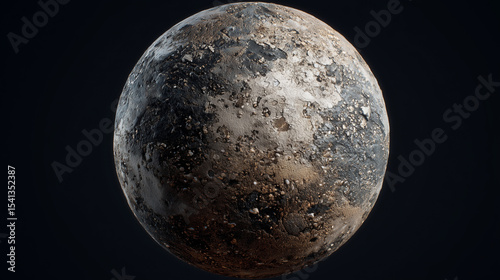 A textured sphere showcases a rugged surface, blending earthy tones with dark patches, set against a stark, contrasting backdrop.