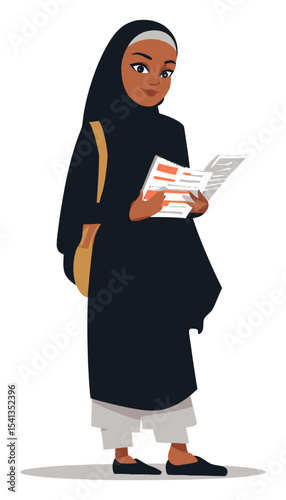 Young Woman in Traditional Dress Holding Paper with a Positive Expression