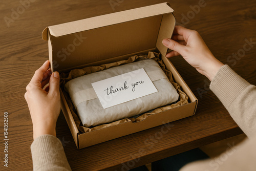 Opening a sustainable gift box with thank you card