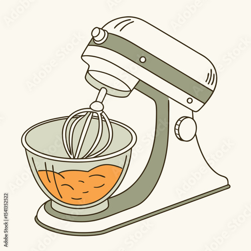 Stand mixer illustration with whisk and ingredients ready for baking